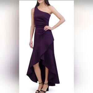 Eliza J One Shoulder Sleeveless Gathered Pleat Side Cascading Ruffle Gown sz 10